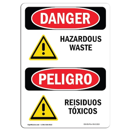 Signmission Safety Sign, OSHA Danger, 14" Height, Rigid Plastic, Hazardous Waste Bilingual Spanish OS-DS-P-1014-VS-1319